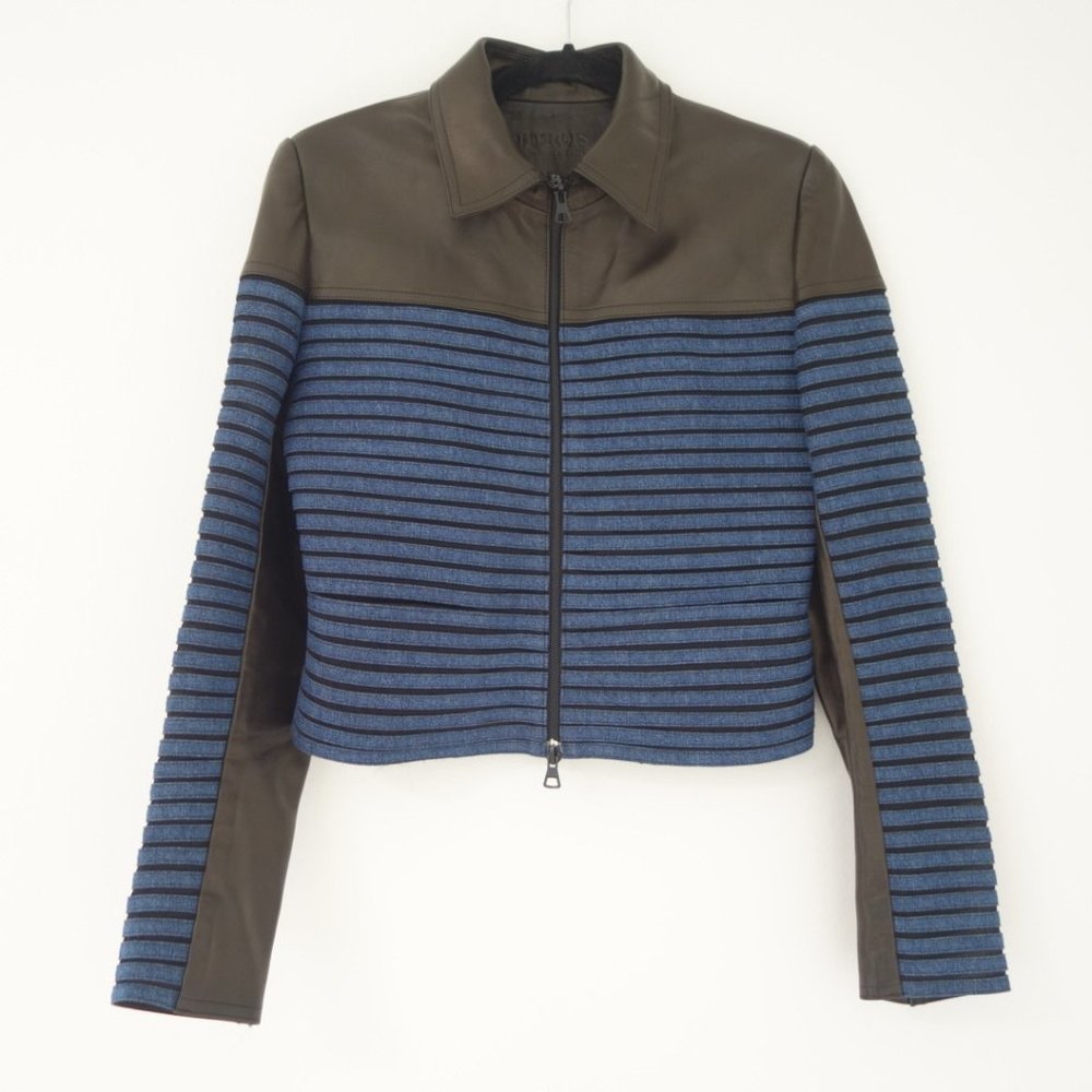 Jitrois Black Leather Jacket With Blue Denim Strap Trim Made In France, Size 38